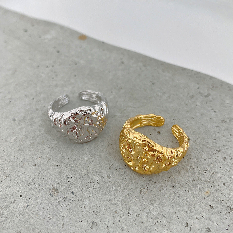 Minimalist Sweet Geometric Irregular Hammered Textured 925 Sterling Silver Ring for Women
