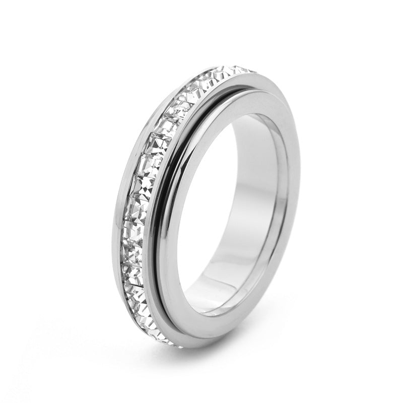 Anello girevole a doppia fascia in acciaio al titanio con zirconi cubici quadrati, design geometrico, anello alla moda per l'ufficio, per coppie