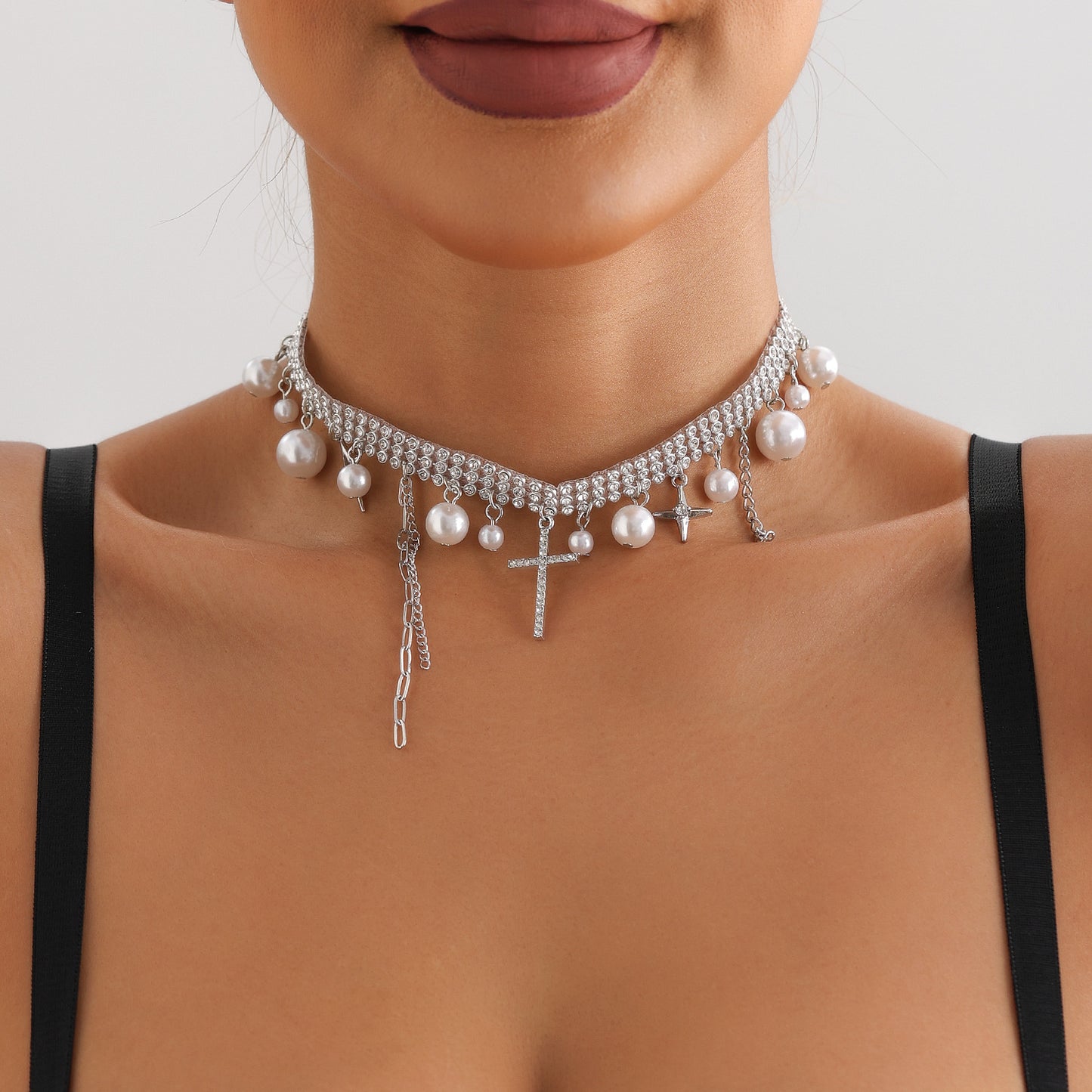 Minimalist Geometric Cross Pendant Necklace with Rhinestone Accents and Plated Metal Chain for Women