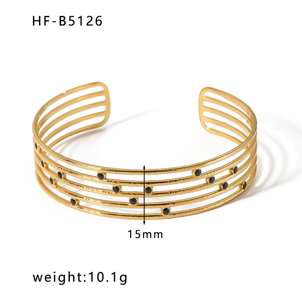 Adjustable Open Bangle Bracelet for Women in Stainless Steel with 18K Gold Plating, Hollow-Out Design, Textured Chain and Irregular Woven Pattern