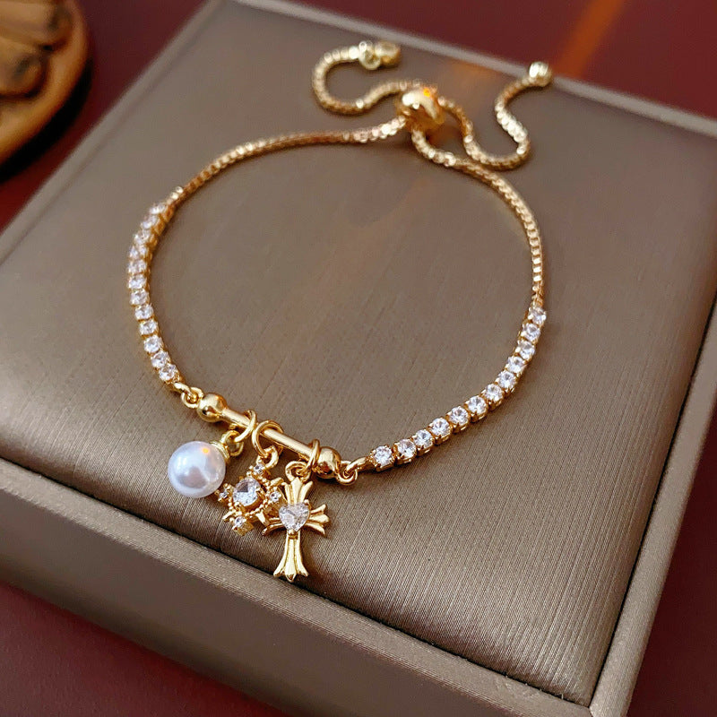 Luxury Elegant Geometric Floral Brass Bracelet with Cubic Zirconia Inlay for Women