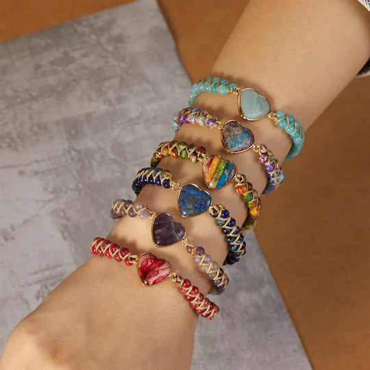 Vintage Bohemian Heart Shape Natural Agate Beaded Bracelet Unisex Ethnic Style Handmade Jewelry