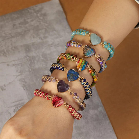 Vintage Bohemian Heart Shape Natural Agate Beaded Bracelet Unisex Ethnic Style Handmade Jewelry