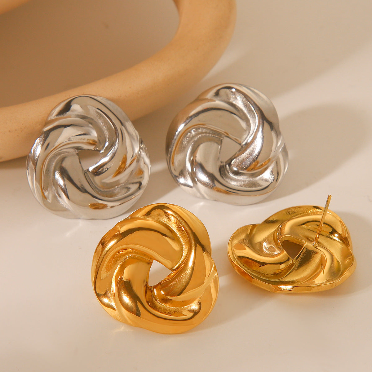 Geometric Woven Stainless Steel Ear Studs with 18K Gold Plating for Women