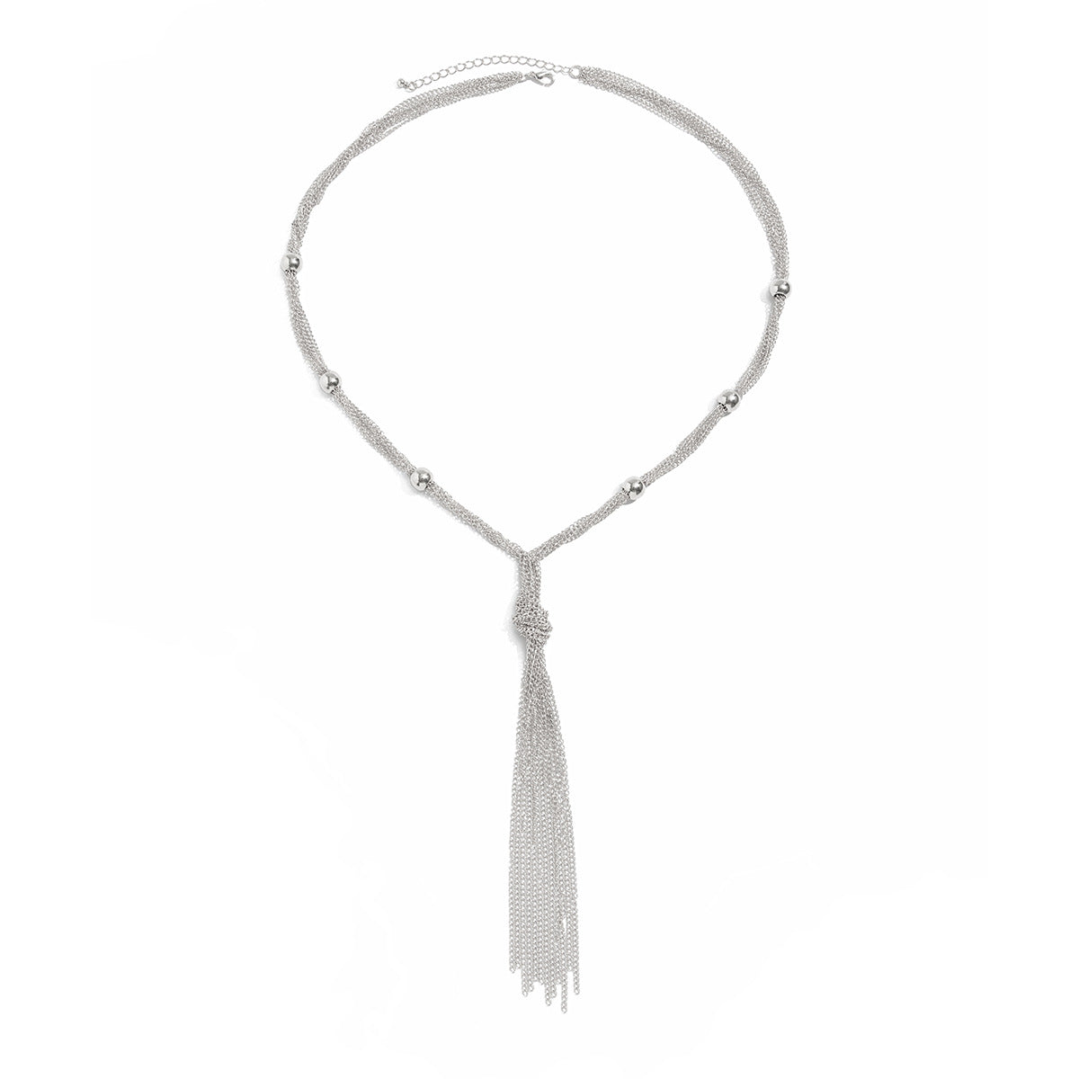 Collar de mujer minimalista y geométrico con diseño en Y, con capas de metal y colgante de borla