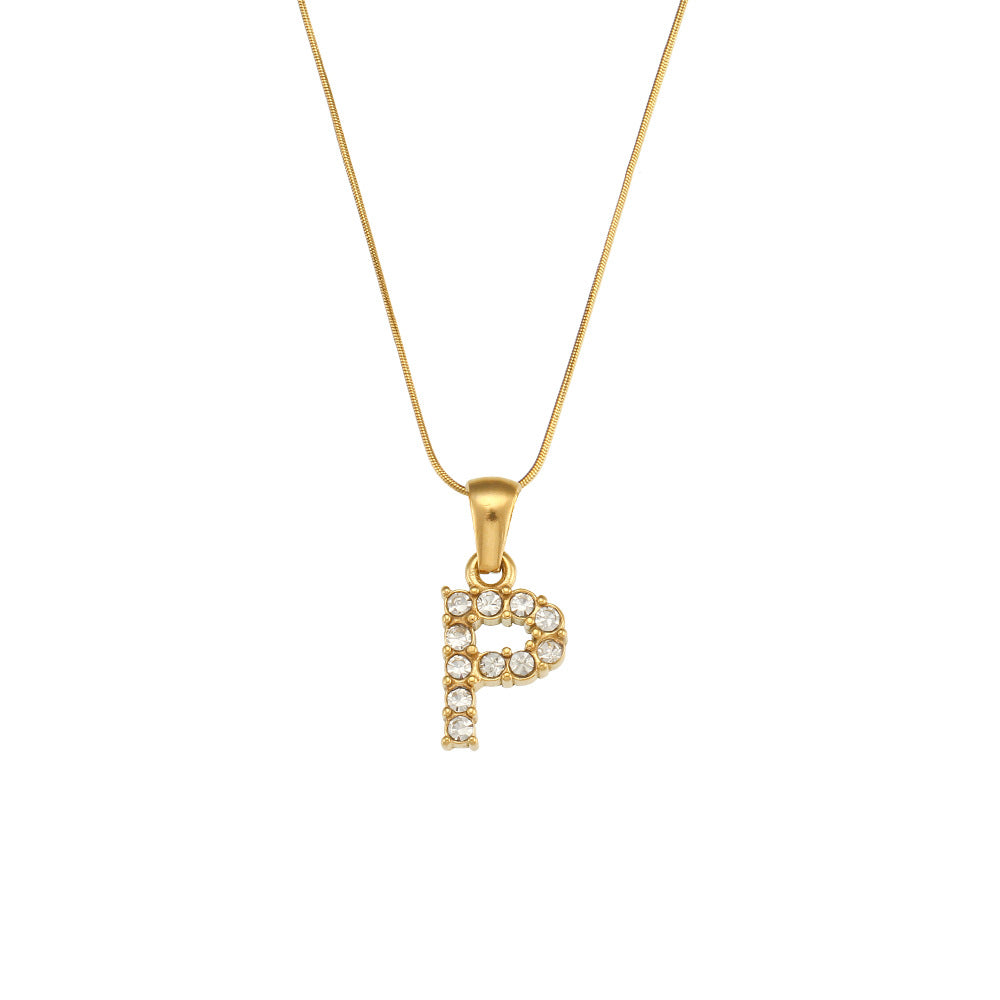 Fashion Minimalist Letter Pendant Necklace in Stainless Steel with 18K Gold Plating and Cubic Zirconia on Thin Snake Chain for Women
