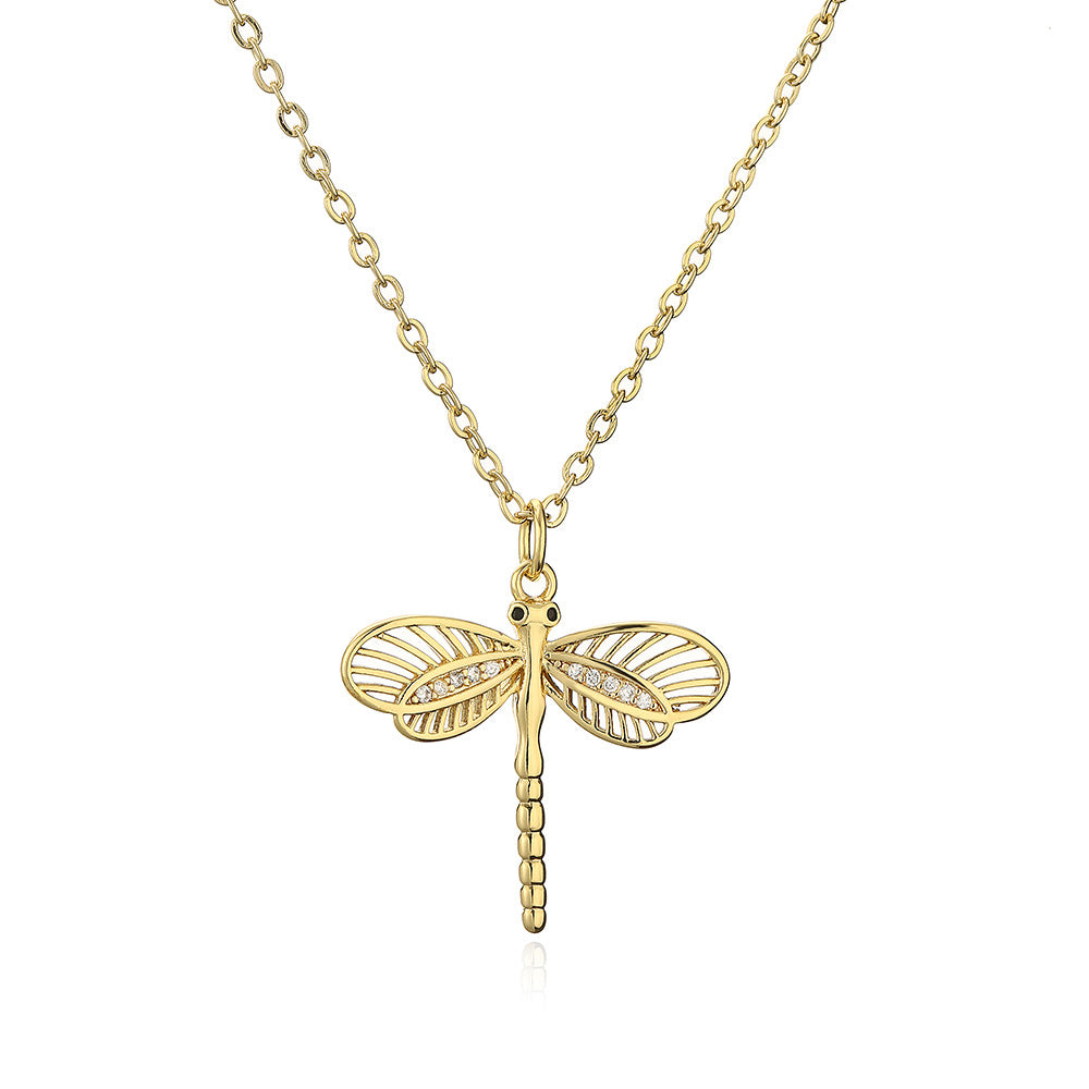 Minimalist Dragonfly Pendant Necklace for Women in Copper with 18K Gold Plating and Zircon Inlay