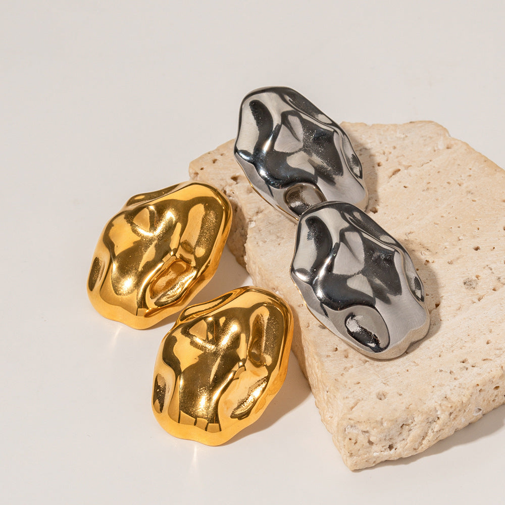 Irregular Geometric Stainless Steel Earrings for Women with 18K Gold Plating, Hypoallergenic Hammered Texture Design
