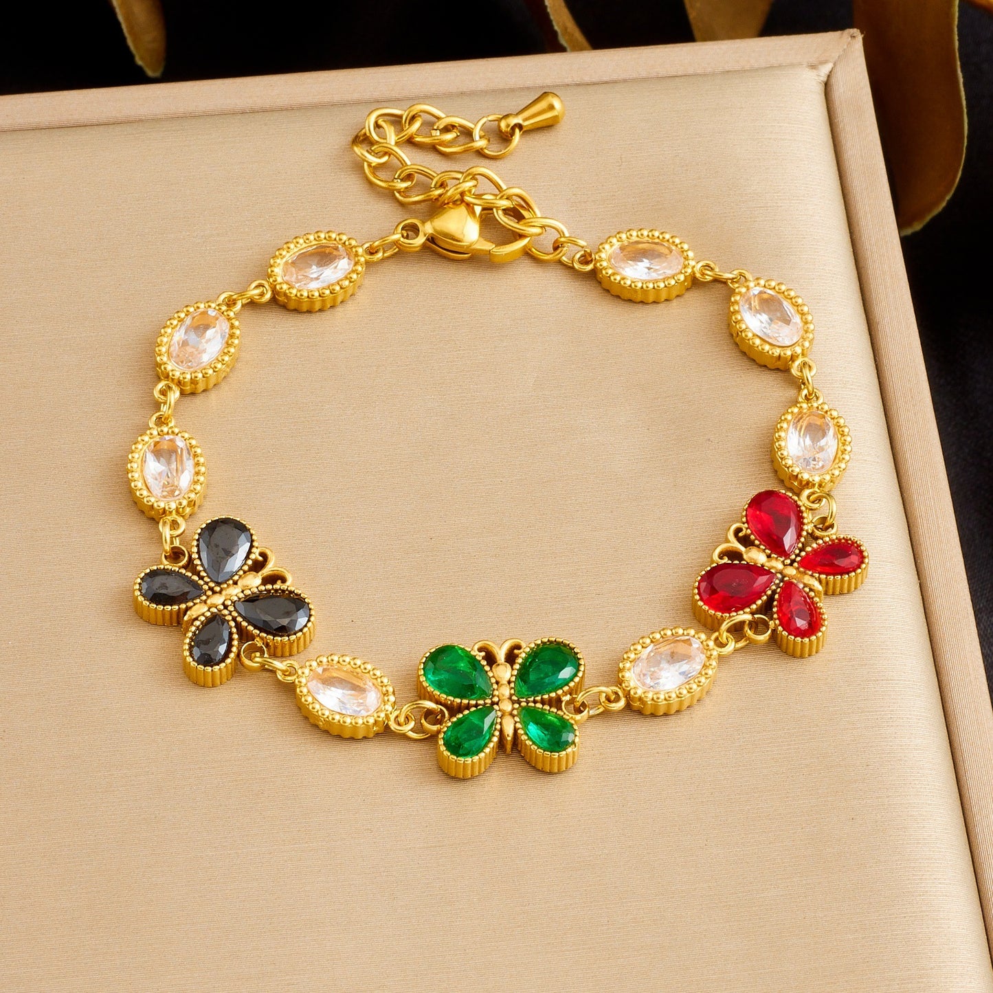 Fashion Elegant Gold Plated Stainless Steel Oval Butterfly Rhinestone Bracelet for Women