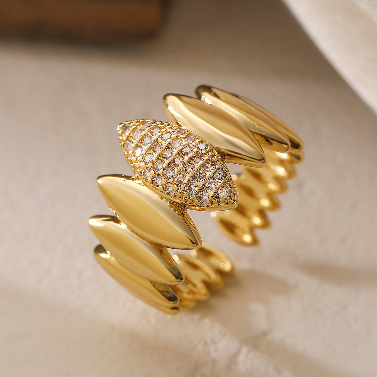 Minimalist Geometric Open Ring for Women in Copper with 18K Gold Plating and Zircon Inlay