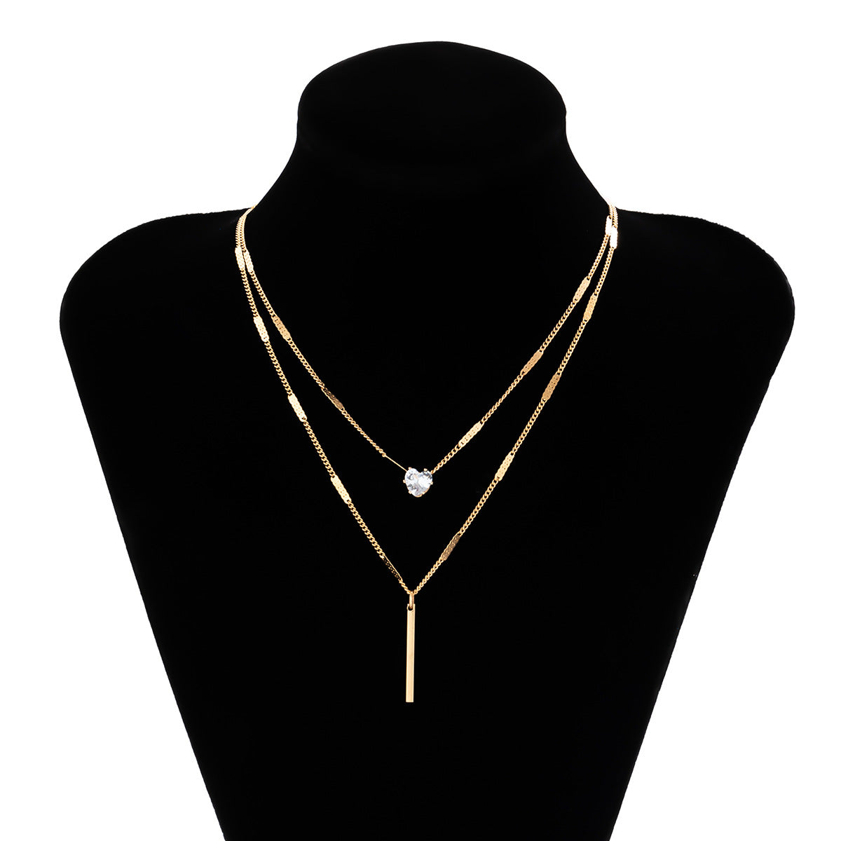 Minimalist Double-Layer Water-Drop-Shaped Necklace for Women with Electroplated Metal Bar and Micro-Paved Heart Pendant on O-Chain