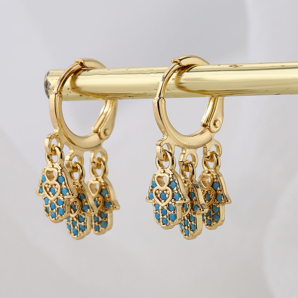 Minimalist Geometric Fatima Hand Pendant Earrings for Women with Copper Base Plated in 18K Gold and Micro-Paved Zirconia