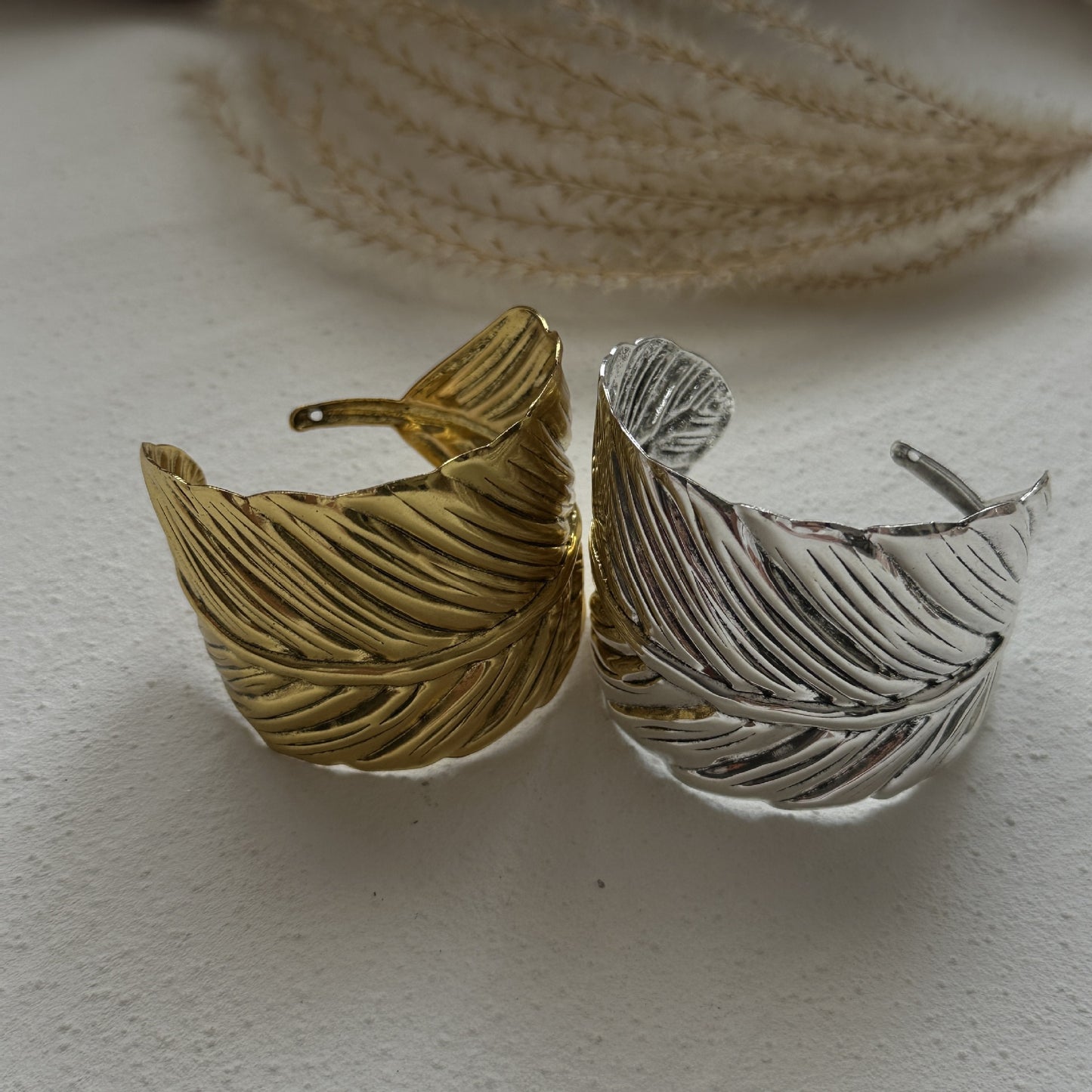 Bohemian Engraved Feather Wide Cuff Bracelet Gold Plated Metal Jewelry for Women