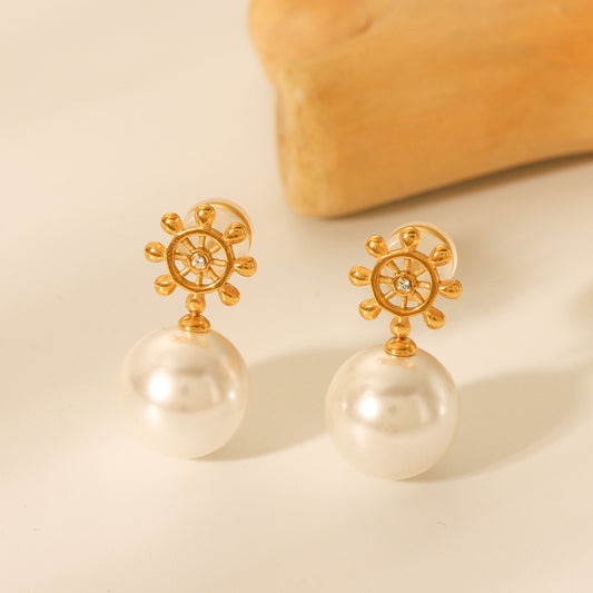 Orecchini a perno da donna con ruota di nave geometrica in acciaio inossidabile placcato oro 18 carati stile Instagram con strass e perla