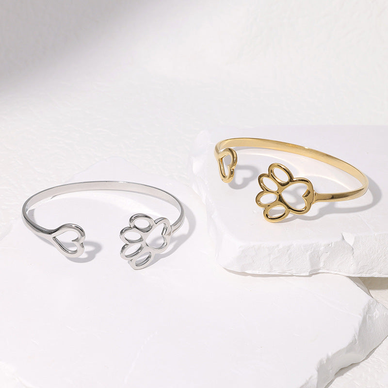Minimalist Stainless Steel Adjustable Bracelet with Heart and Cat Paw Charm, Polished and Plated