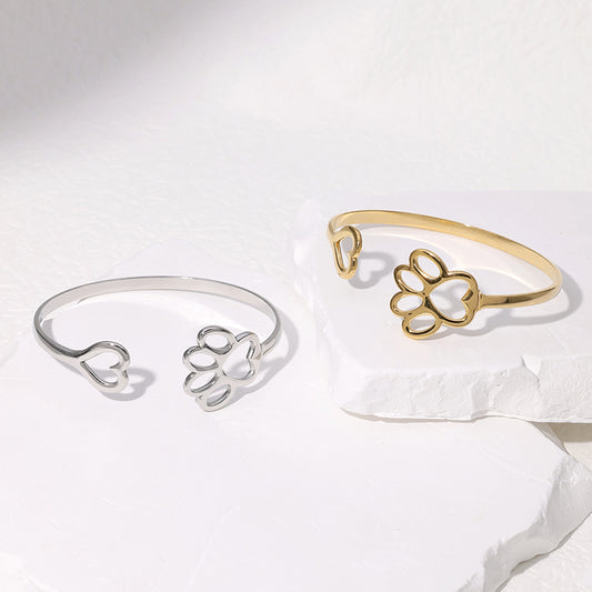 Minimalist Stainless Steel Adjustable Bracelet with Heart and Cat Paw Charm, Polished and Plated
