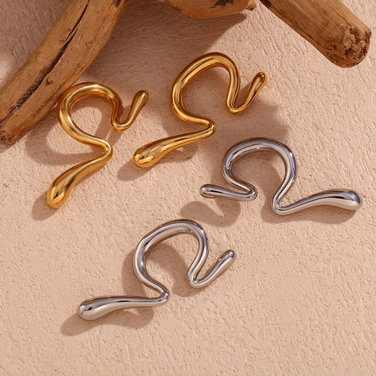 Minimalist Irregular Liquid-Curved Stainless Steel Ear Clips with 18K Gold Plating for Women Geometric Fashion Office Style
