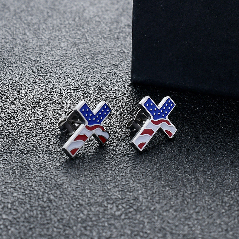 Minimalist Geometric Titanium Steel Cross Flag Stud Earrings with Plated Finish for Unisex Fashion Wear