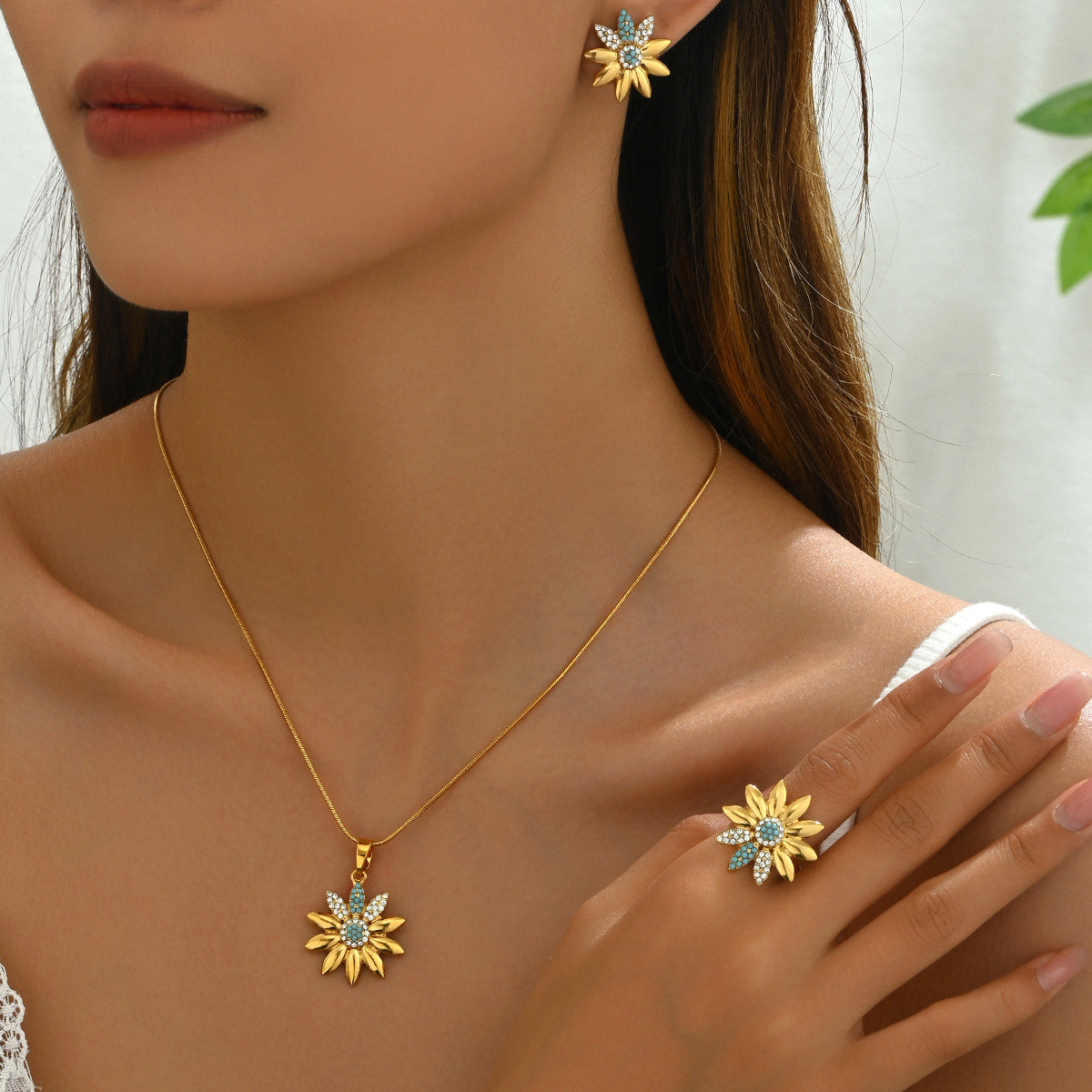 Conjunto de collar, anillo y pendientes de aleación rústico con girasol floral e incrustaciones de diamantes de imitación para mujer