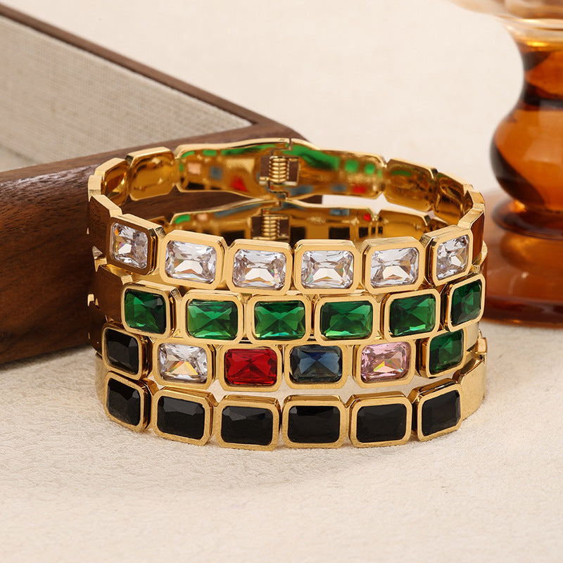 Vintage Geometric Square Rhinestone Plated Titanium Steel Bracelet Stackable