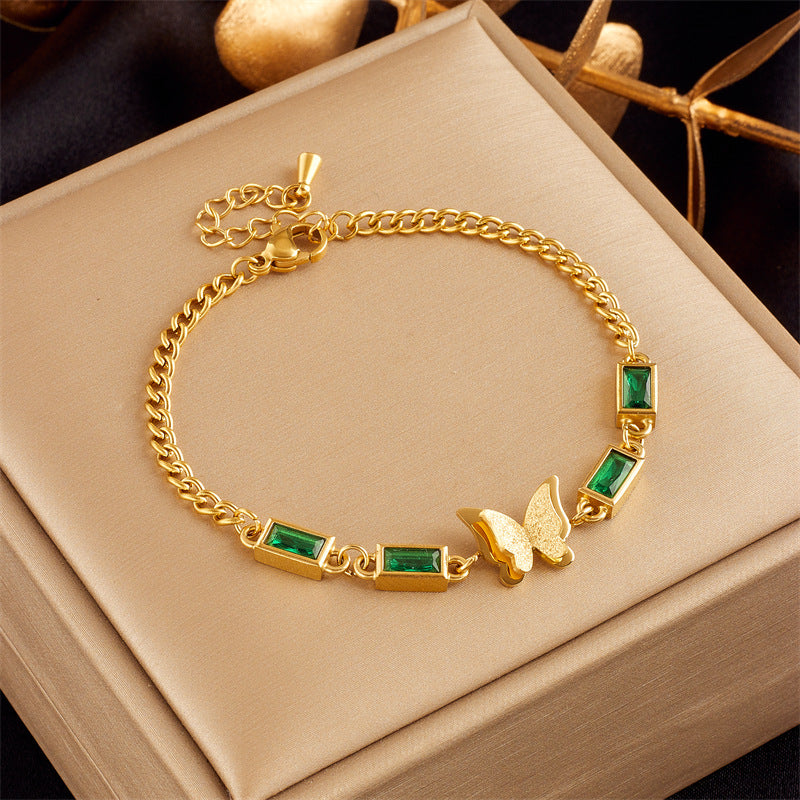 Elegant Minimalist Butterfly Pearl Floral Rhinestone-Embellished Gold-Plated Stainless Steel Bracelet for Women