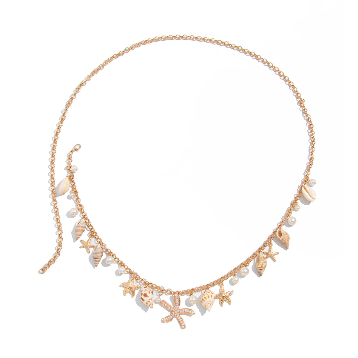 Cinturón de cadena metálica con forma de estrella de mar minimalista para mujer, con detalles de perlas de imitación y cierre de mosquetón