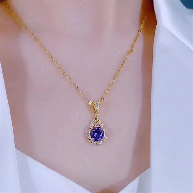 Collana da donna minimalista a forma di goccia in acciaio al titanio con ciondolo in rame e intarsio di strass
