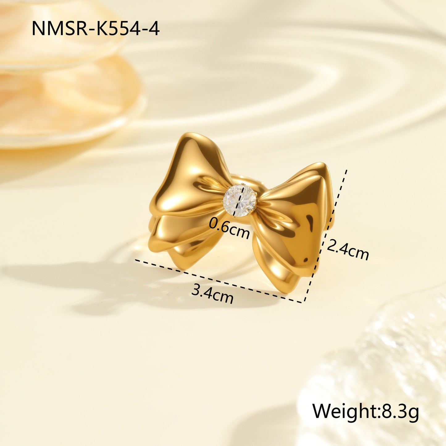 Anillo de Acero Inoxidable con Zirconia en Forma de Lazo, Chapado en Oro de 18K, Ajustable, Abierto, para Mujer
