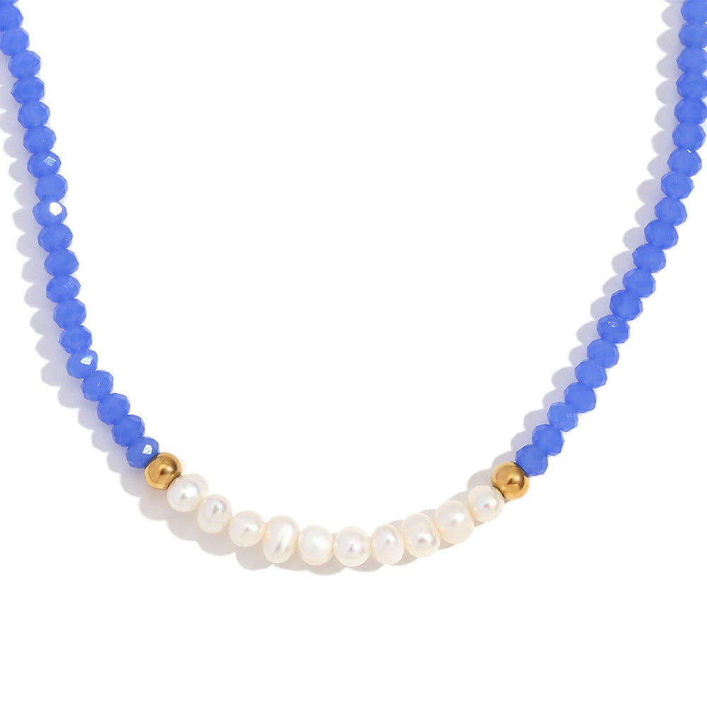 Vintage Style Geometric Pendant Necklace for Women with Stainless Steel Chain, Titanium Steel Pendant, Plated Finish, Freshwater Pearl and Blue Faceted Crystal Accents