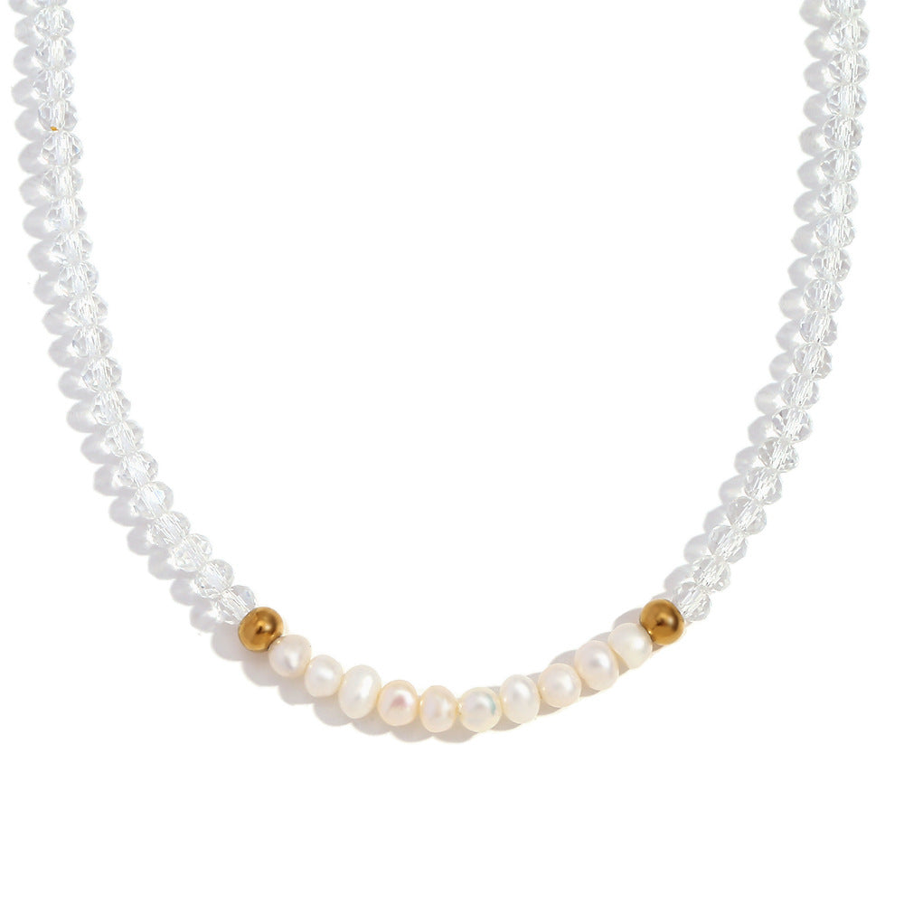 Collana Pendente Geometrica alla Moda in Acciaio Inossidabile da Donna con Pendente in Acciaio al Titanio, Finitura Placcata, Perle d'Acqua Dolce e Cristalli Taglio Leggero