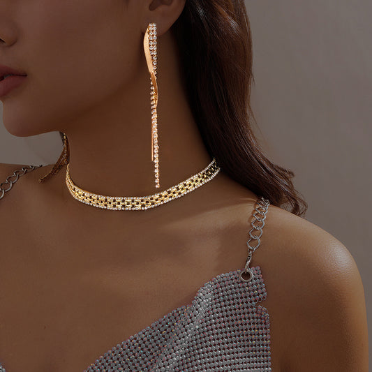Minimalist Geometric Tassel Earrings with Rhinestone Inlay and Plated Copper Snake Chain