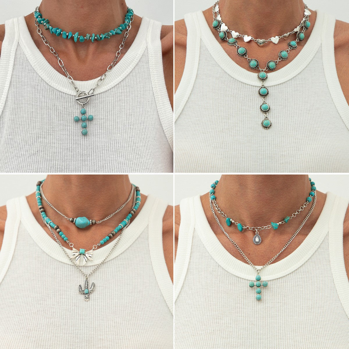 Punk Alloy Cross Heart Turquoise Pendant Necklace Plated Ball Chain Women's Jewelry