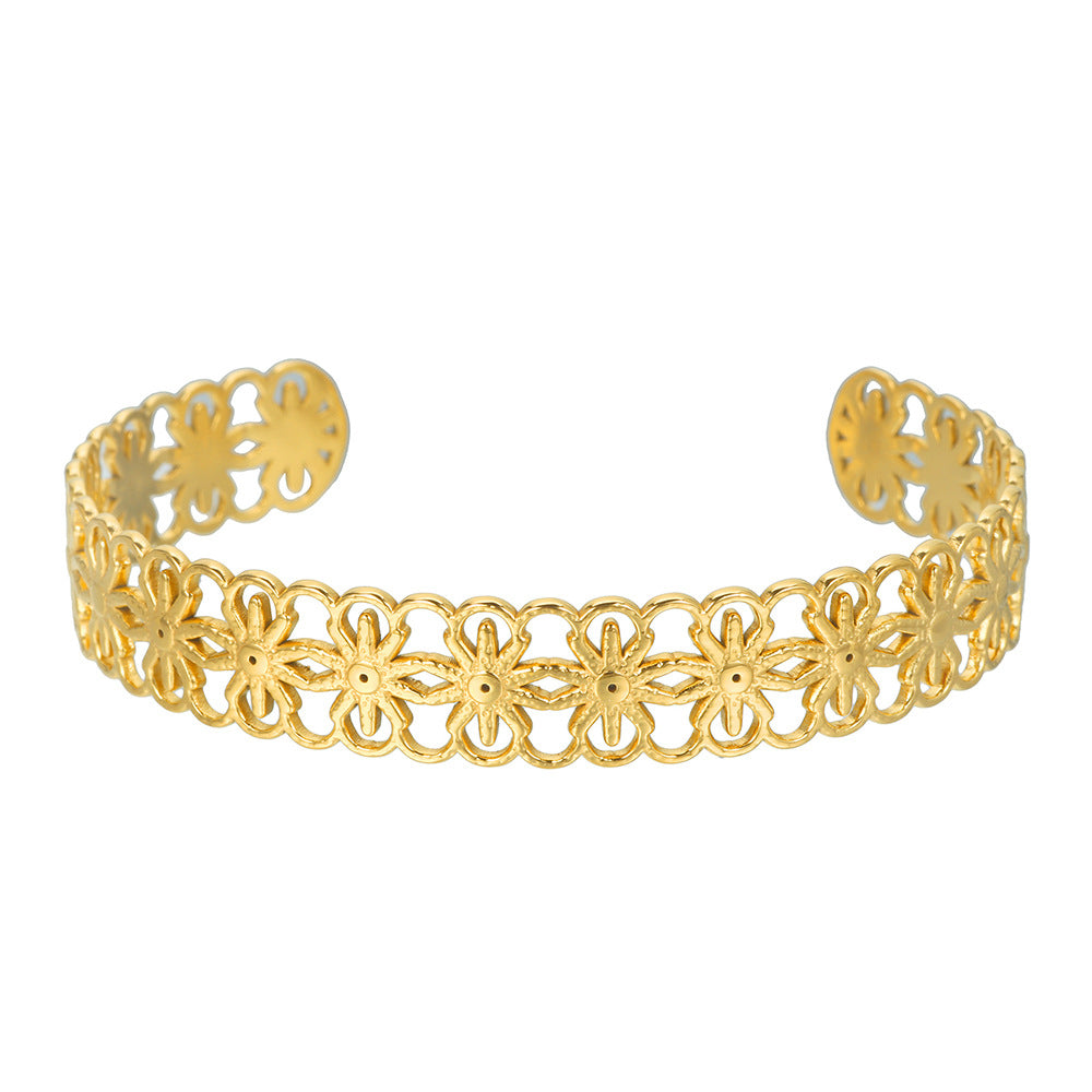 Minimalist Titanium Steel Plated Round Geometric Leaf Hollow Sun Snake Cuff Bracelet