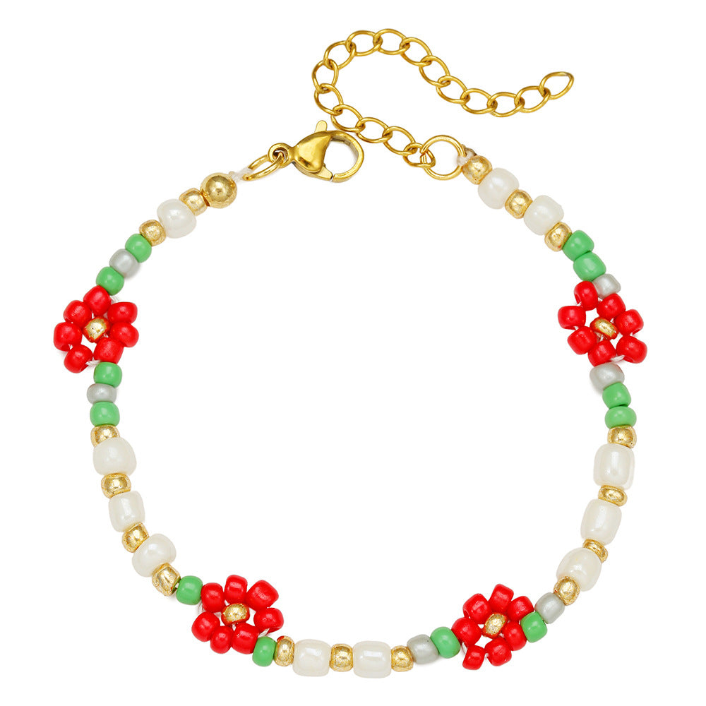 Vintage Handmade Geometric Floral Glass Bead and Pearl Bracelet for Women