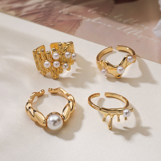 Minimalist Fashion Irregular Geometric Micro-paved Pearl Ring for Women