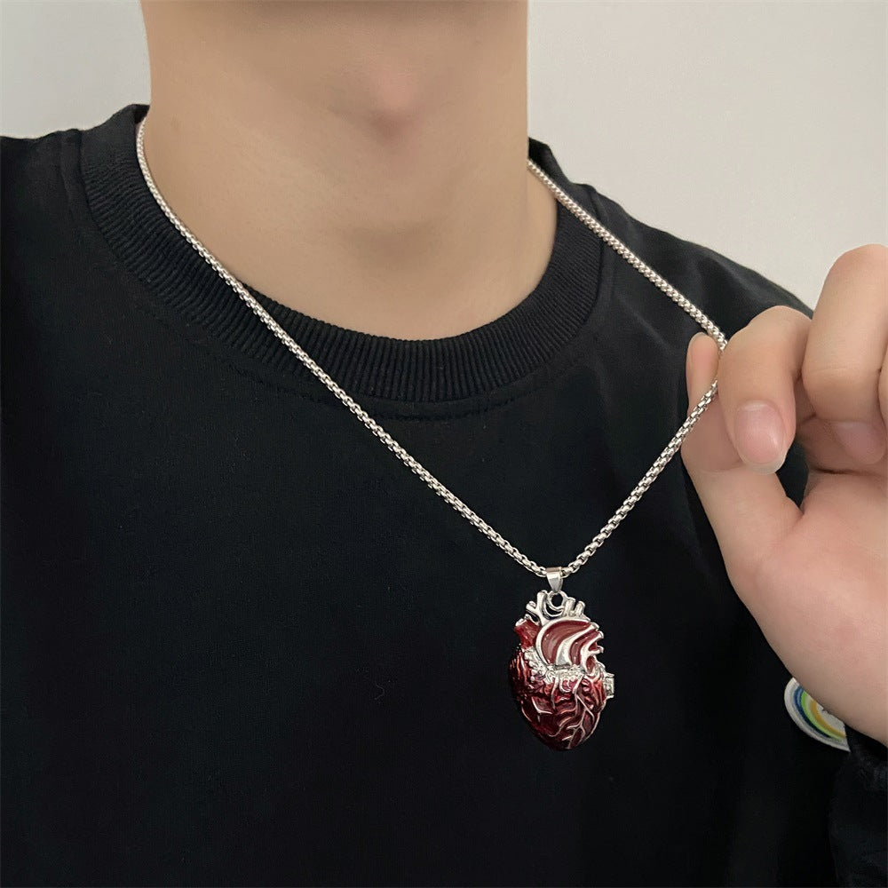 Collar con colgante vintage de aleación con forma de corazón, diseño de caja de corazón rojo que se abre, acabado galvanizado, accesorio de moda unisex
