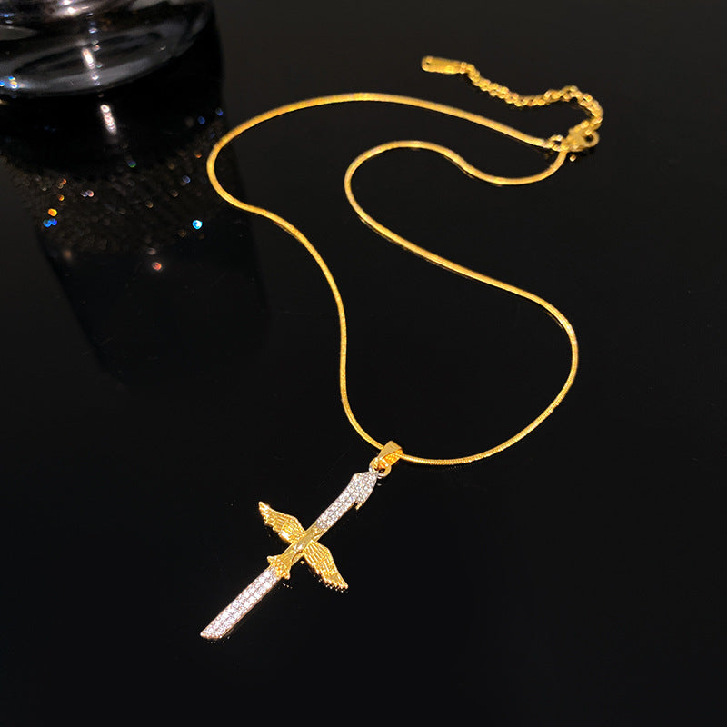 Full Rhinestone Cross Pendant Titanium Steel Necklace with Snake Chain for Unisex