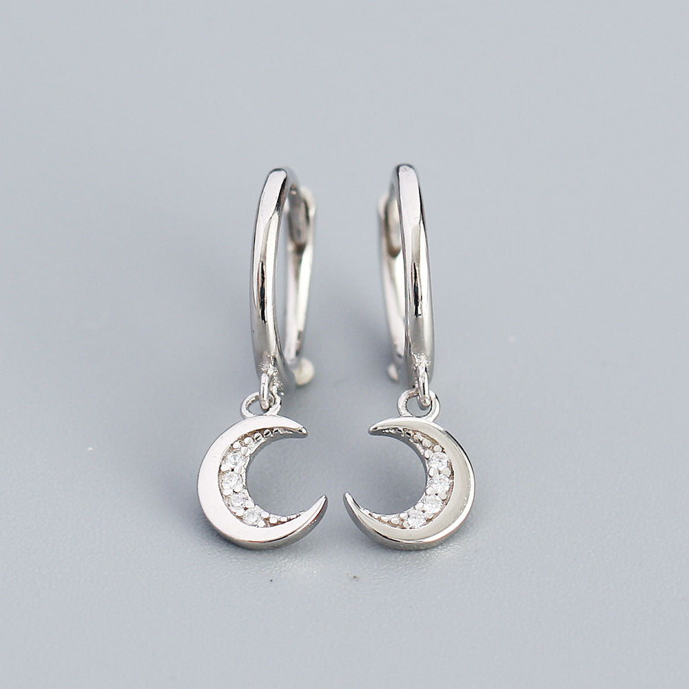 Minimalist Moon-Shaped S925 Sterling Silver Stud Earrings with Rhinestone Inlay for Women