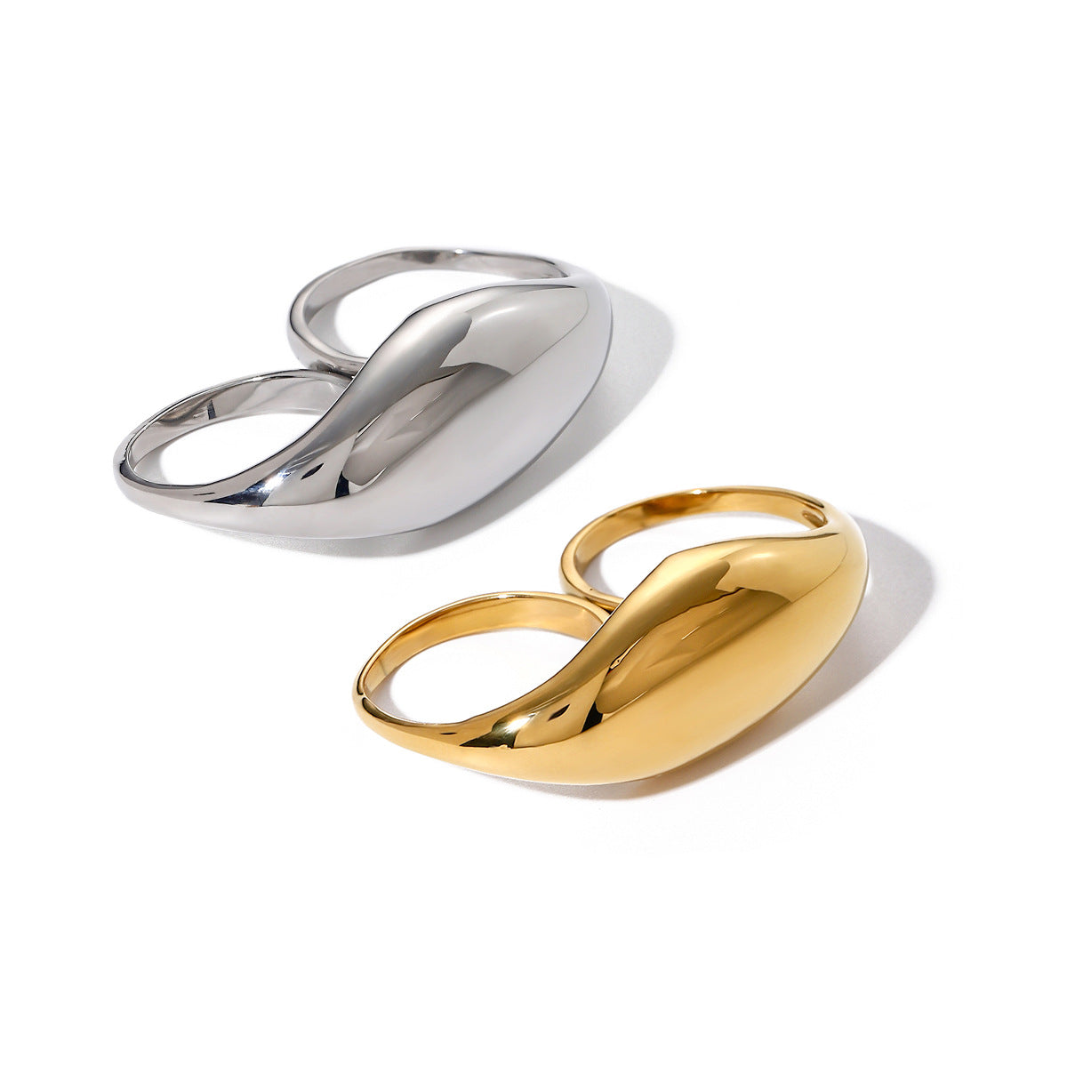 18K Gold Plated Stainless Steel Double Finger Ring Asymmetric Design