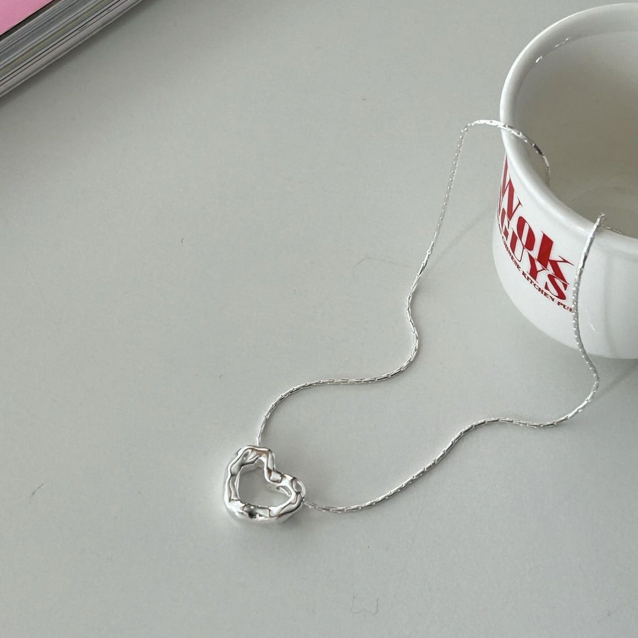Minimalist Heart Letter Pendant Necklace in 925 Sterling Silver with Rhodium Plating on Snake Chain
