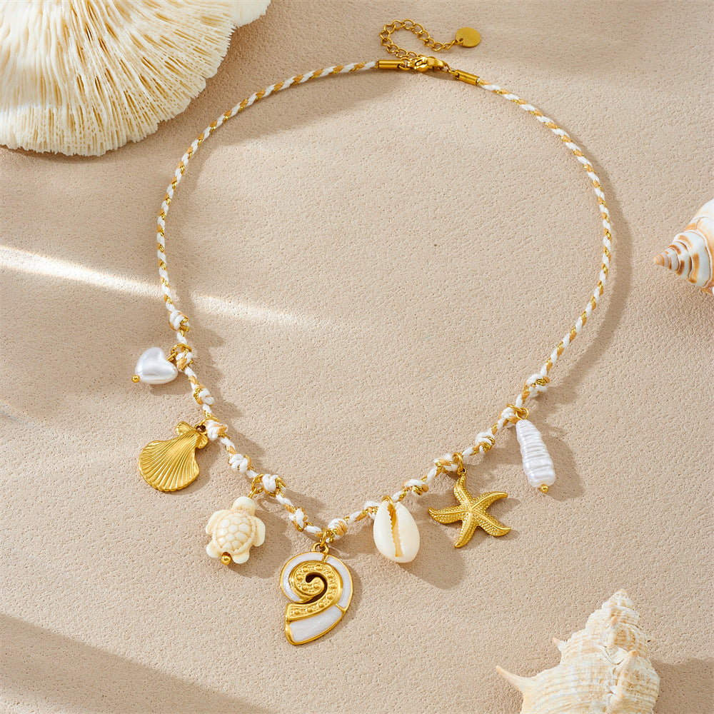Vintage Chic Two-Tone Gold Plated Stainless Steel Starfish and Animal Pendant Necklace
