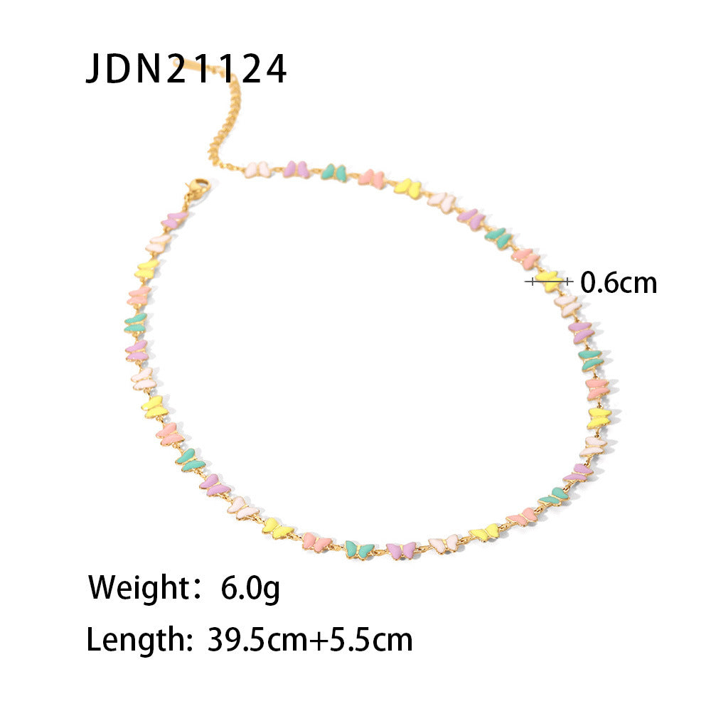 Fashionable Ins Style 18K Gold Plated Stainless Steel Enamel Butterfly Necklace Set for Women