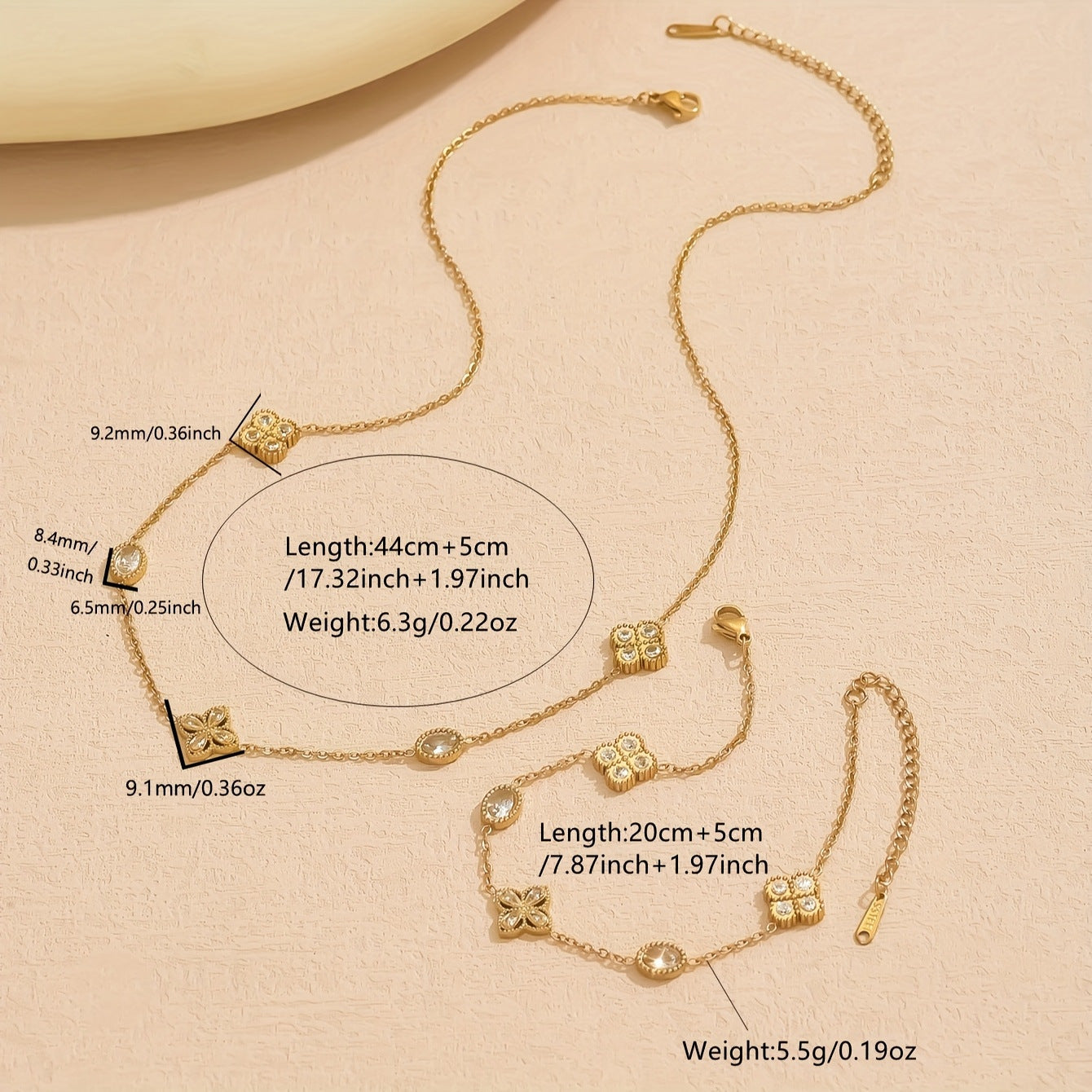 Set collana e bracciale da donna minimalista elegante placcato oro 18K in acciaio inossidabile con strass, motivo floreale geometrico rotondo e quadrato