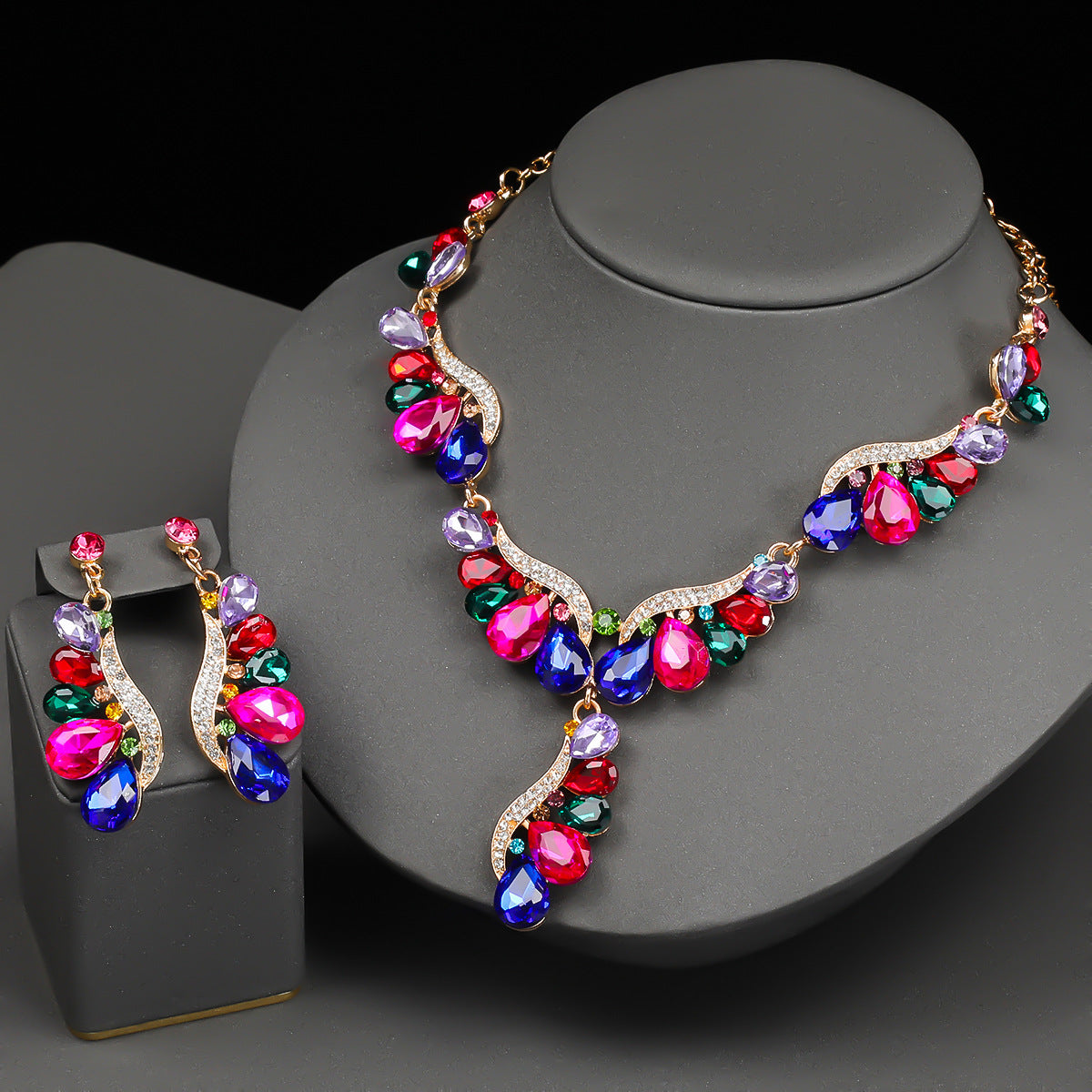 Personalized Wing-Shaped Alloy Necklace and Earrings Set with Rhinestone Drop Pendant on O-Chain for Women