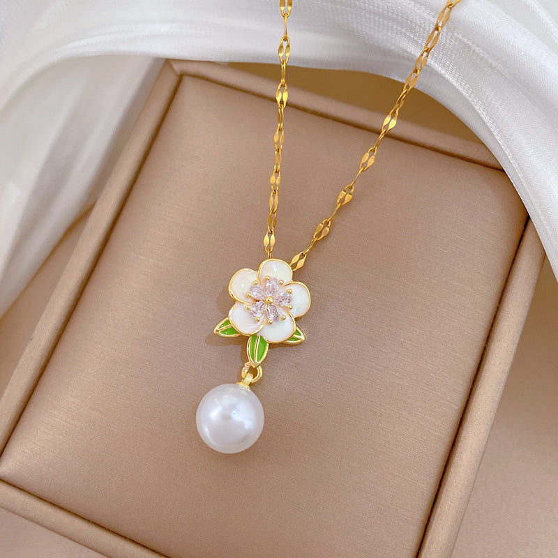 Sweet Elegant Floral Drip Oil Pearl Rhinestone Pendant Necklace Titanium Steel Cable Chain Unisex