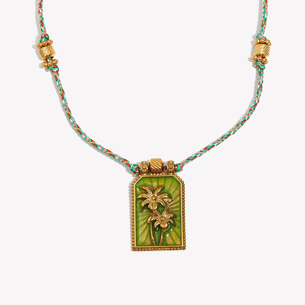 Minimalist Geometric Stainless Steel Plated 18K Gold Coconut Tree Tarot Pendant Necklace for Women with Enamel Detail and Colorful Braided Cord