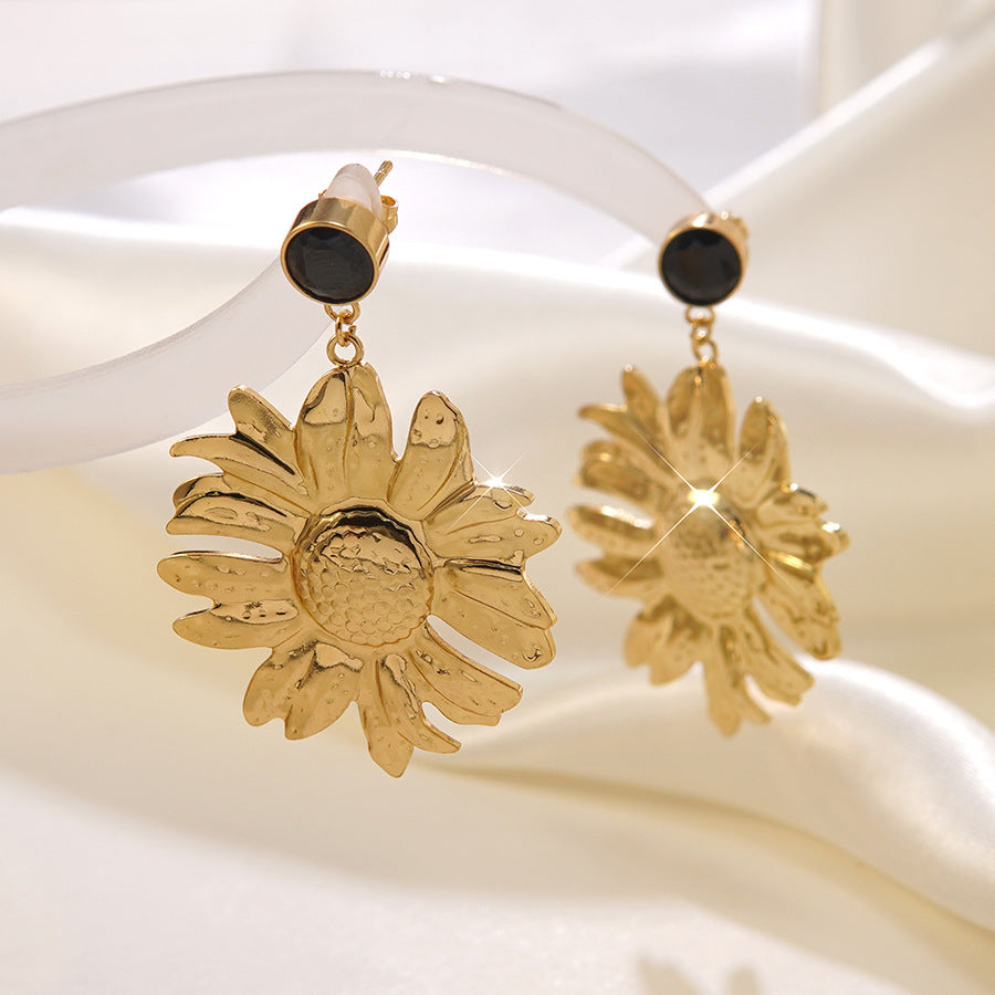 Orecchini a perno esagerati vintage in acciaio inossidabile con girasole intarsiato di strass per donna