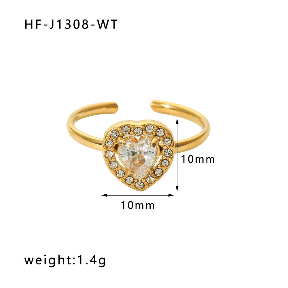 Vintage Stainless Steel Heart-Shaped Geometric Ring with Zircon Inlay and 18K Vacuum Plating for Women
