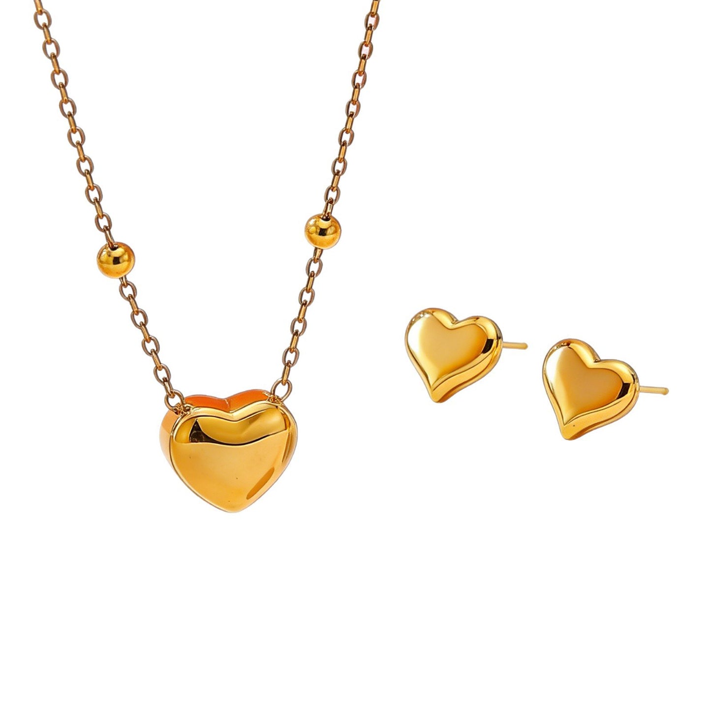 Minimalist Elegant Heart Stainless Steel Gold Plated Necklace and Earring Set for Women