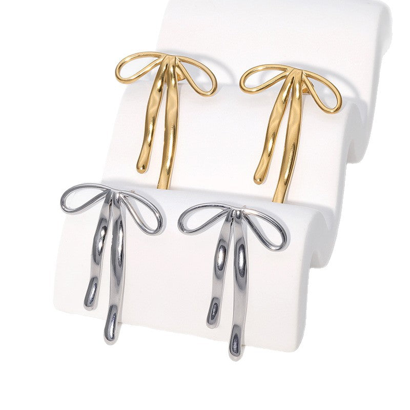 Sweet Bow-Shaped Stainless Steel Earrings with 18K Gold Plating for Women